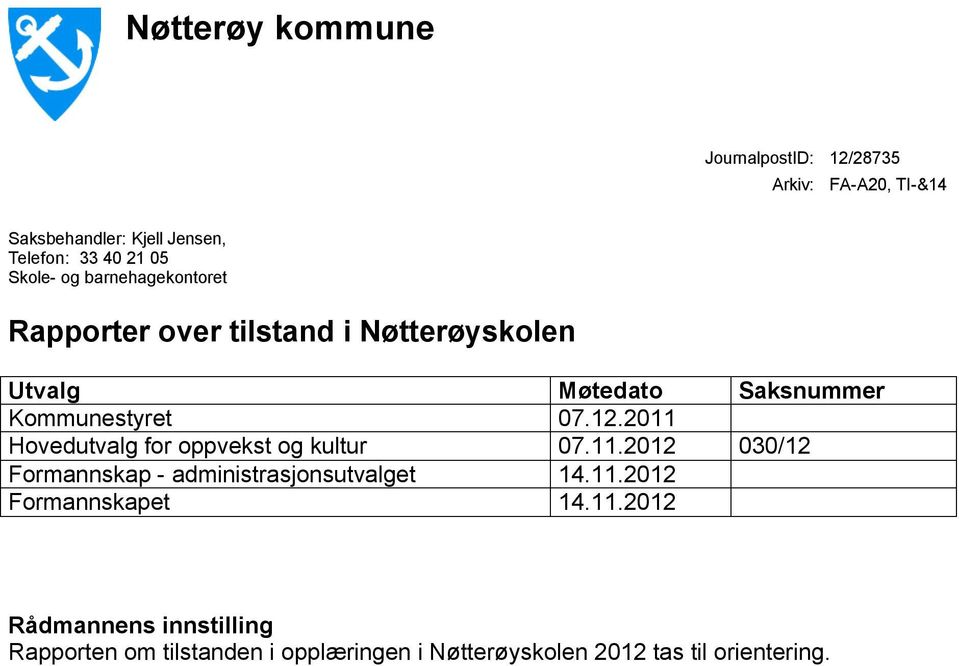 2011 Hovedutvalg for oppvekst og kultur 07.11.2012 030/12 Formannskap - administrasjonsutvalget 14.11.2012 Formannskapet 14.