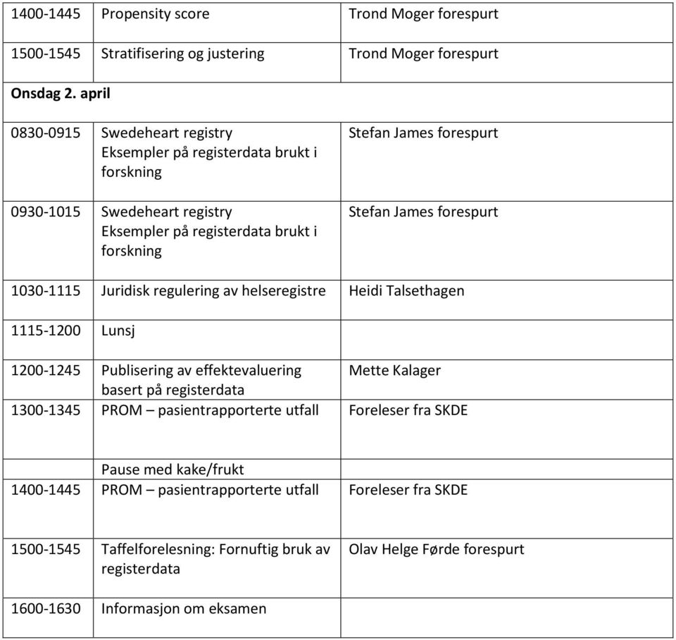 James forespurt 1030-1115 Juridisk regulering av helseregistre Heidi Talsethagen 1115-1200 Lunsj 1200-1245 Publisering av effektevaluering Mette Kalager basert på registerdata