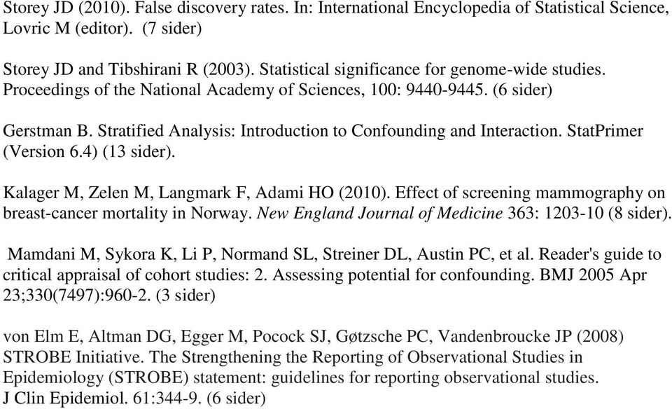 Stratified Analysis: Introduction to Confounding and Interaction. StatPrimer (Version 6.4) (13 sider). Kalager M, Zelen M, Langmark F, Adami HO (2010).