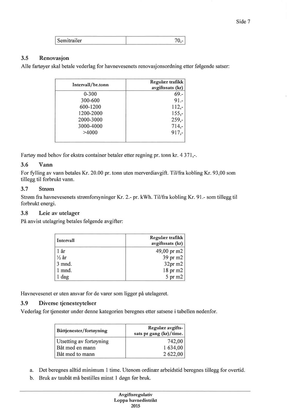 - 112,- 1,- 29,- 1,- 91,- Fariøy med behov for ekstra container betaler etter regning pr. tonn kr. 31,-. 3. Vann For fflling av vann betales Kr. 20.00 pr. tonn uten merverdiavgift. Tillfra kobling Kr.