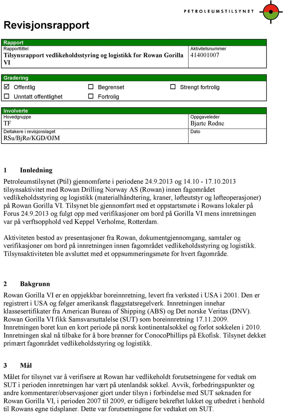 10-17.10.2013 tilsynsaktivitet med Rowan Drilling Norway AS (Rowan) innen fagområdet vedlikeholdsstyring og logistikk (materialhåndtering, kraner, løfteutstyr og løfteoperasjoner) på Rowan Gorilla VI.