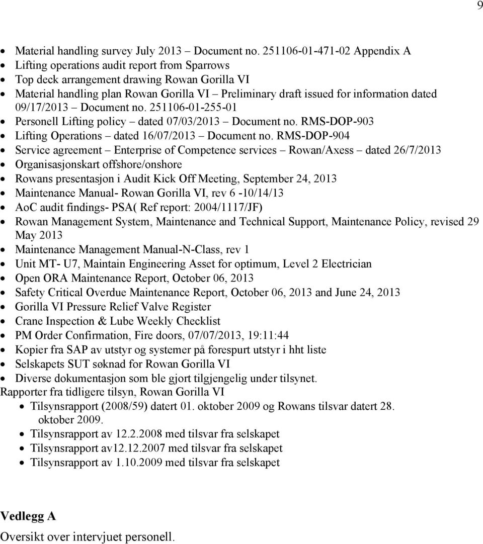 information dated 09/17/2013 Document no. 251106-01-255-01 Personell Lifting policy dated 07/03/2013 Document no. RMS-DOP-903 Lifting Operations dated 16/07/2013 Document no.