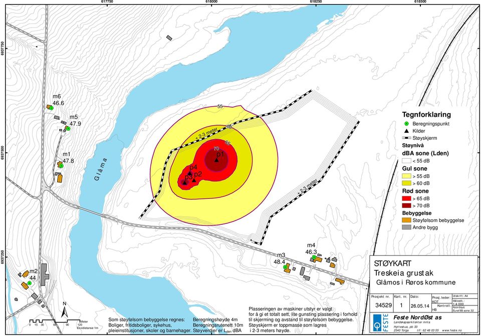 grustak Glåmos i Røros kommune Meter 0 15 30 60 90 120 Ekvidistanse 1m Som støyfølsom bebyggelse regnes: Boliger, fritidsboliger, sykehus, pleieinstitusjoner, skoler og barnehager.