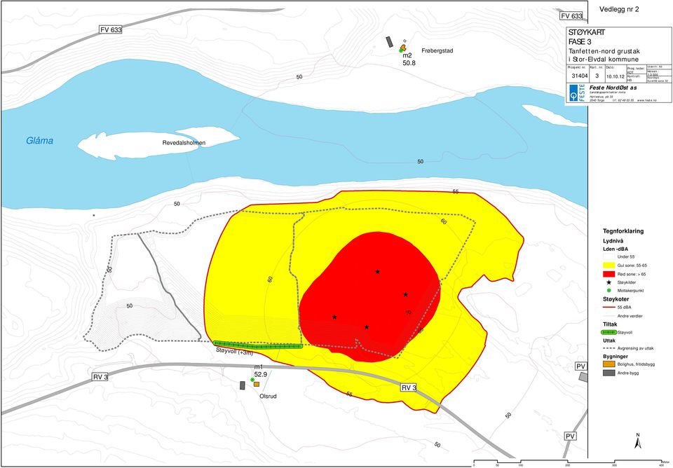 no Glåma Revedalsholmen Tegnforklaring Lydnivå Lden -dba Under Gul sone: -65 Rød sone: > 65 Støykilder Mottakerpunkt 70 Støykoter dba Andre