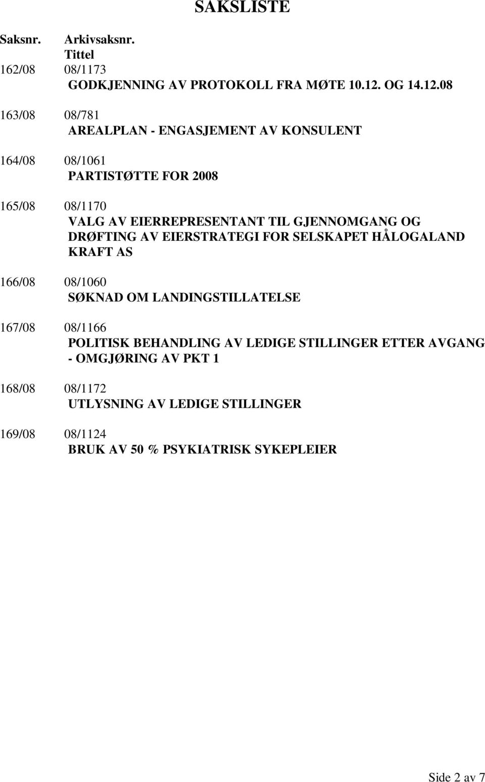 08 163/08 08/781 AREALPLAN - ENGASJEMENT AV KONSULENT 164/08 08/1061 PARTISTØTTE FOR 2008 165/08 08/1170 VALG AV EIERREPRESENTANT TIL