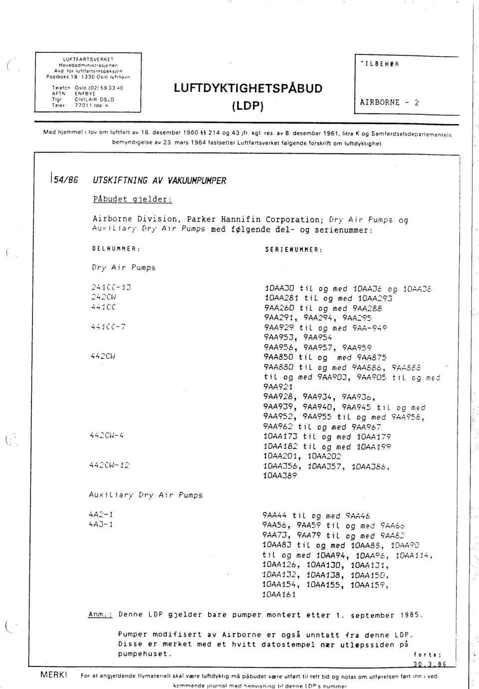 Samferdselsdepartemenieis bemyndigelse av 23. mars 1964 fastsetter Luftfartsverket følgende forskrift om luftdyktighet. Med hjemmel lov om luftfart av 16. desember 1960 214 og 43 fr. kgl res. av B.