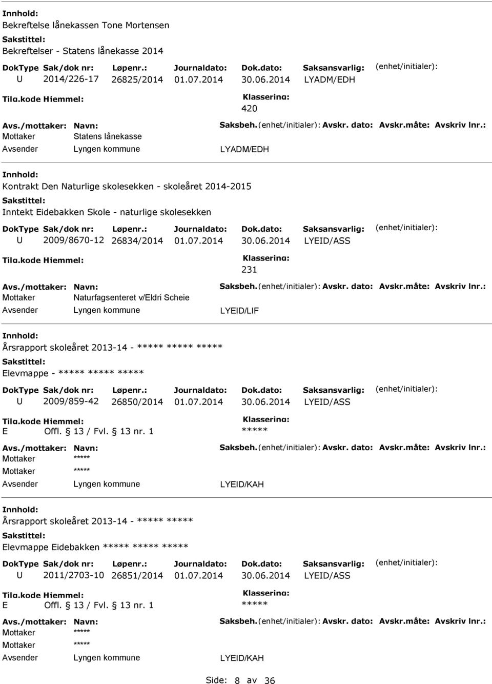 2009/8670-12 26834/2014 LYD/ASS 231 Naturfagsenteret v/ldri Scheie LYD/LF Årsrapport skoleåret 2013-14 - levmappe -