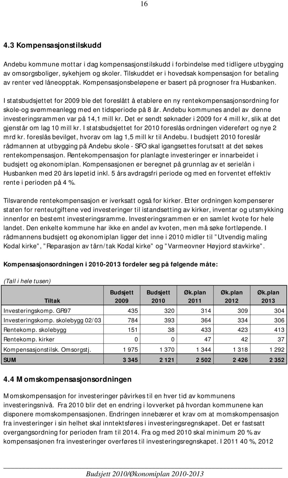 I statsbudsjettet for 2009 ble det foreslått å etablere en ny rentekompensasjonsordning for skole-og svømmeanlegg med en tidsperiode på 8 år.