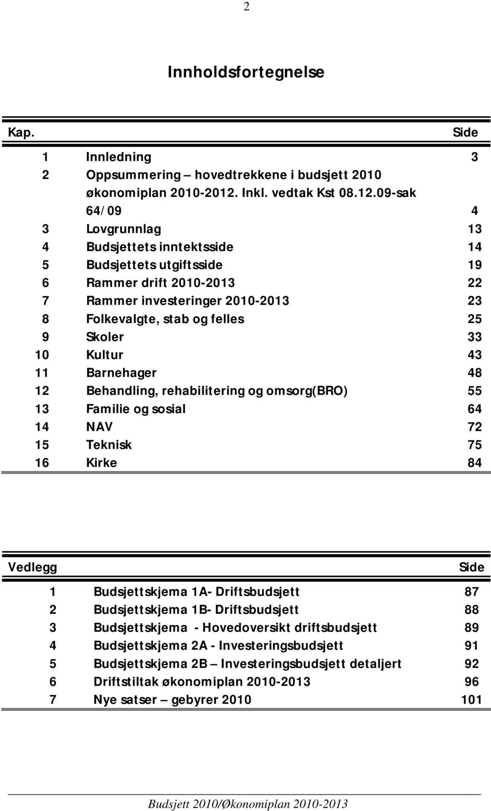 09-sak 64/09 4 3 Lovgrunnlag 13 4 Budsjettets inntektsside 14 5 Budsjettets utgiftsside 19 6 Rammer drift 2010-2013 22 7 Rammer investeringer 2010-2013 23 8 Folkevalgte, stab og felles 25 9 Skoler