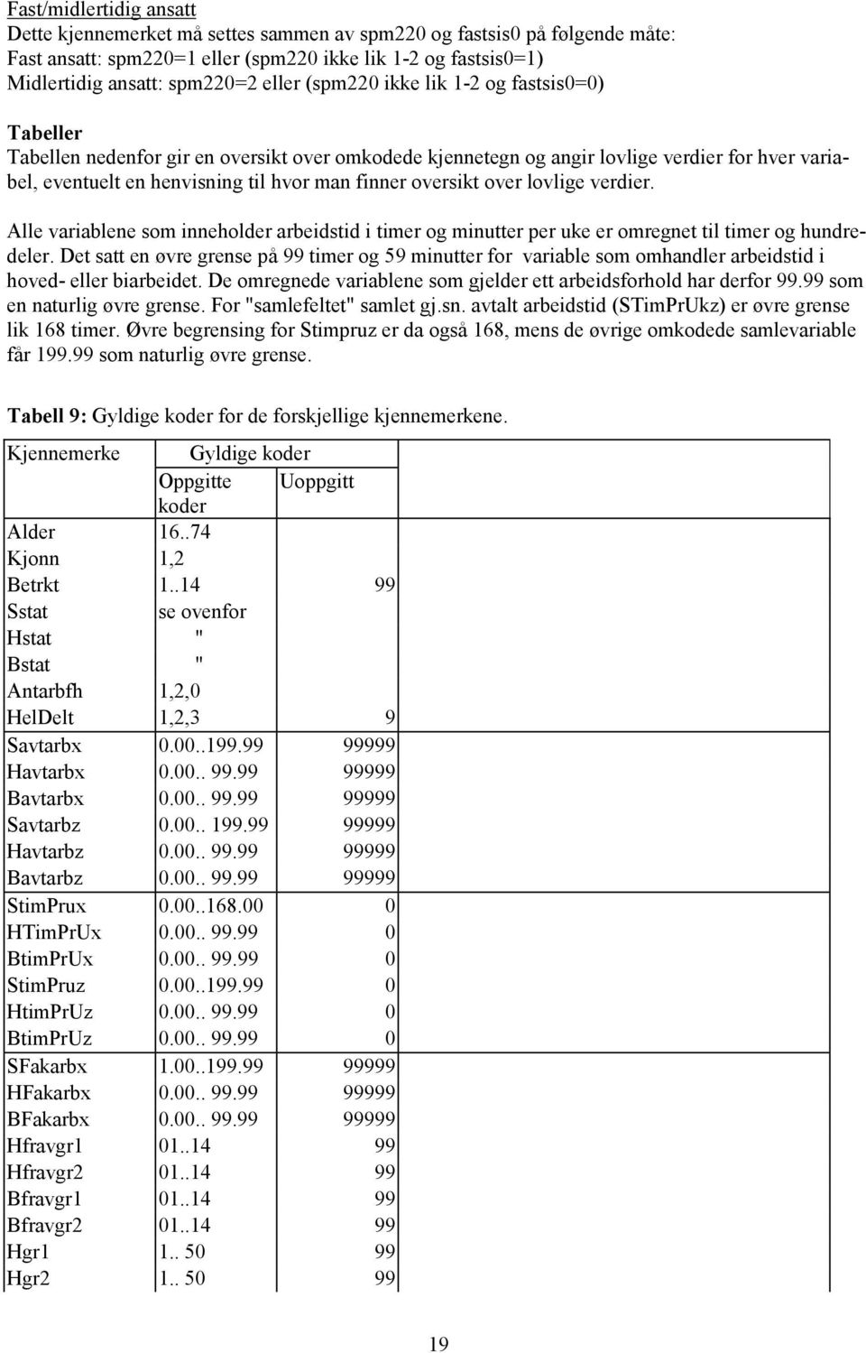 oversikt over lovlige verdier. Alle variablene som inneholder arbeidstid i timer og minutter per uke er omregnet til timer og hundredeler.