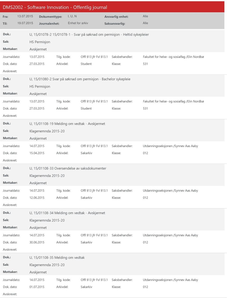 2015 Arkivdel: Student 531, 15/01108-19 Melding om vedtak - Klagenemnda 2015-20 tdanningsseksjonen /Synnev Aas Aaby Dok. dato: 15.04.