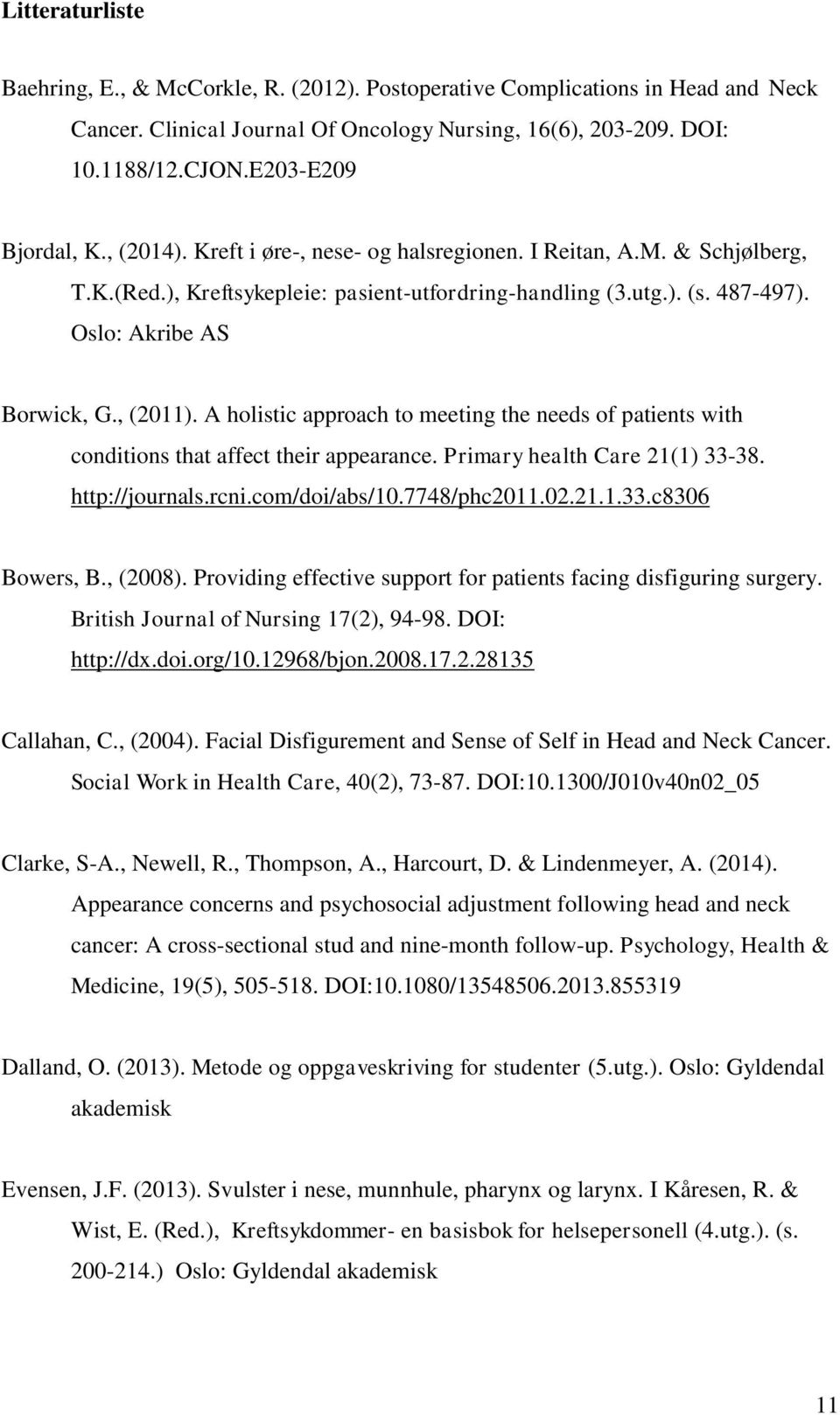 Oslo: Akribe AS Borwick, G., (2011). A holistic approach to meeting the needs of patients with conditions that affect their appearance. Primary health Care 21(1) 33-38. http://journals.rcni.