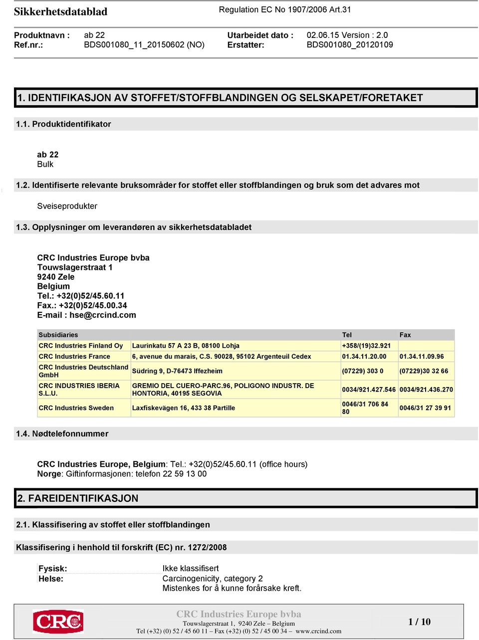 Opplysninger om leverandøren av sikkerhetsdatabladet Touwslagerstraat 1 9240 Zele Belgium Tel.: +32(0)52/45.60.11 Fax.: +32(0)52/45.00.34 E-mail : hse@crcind.