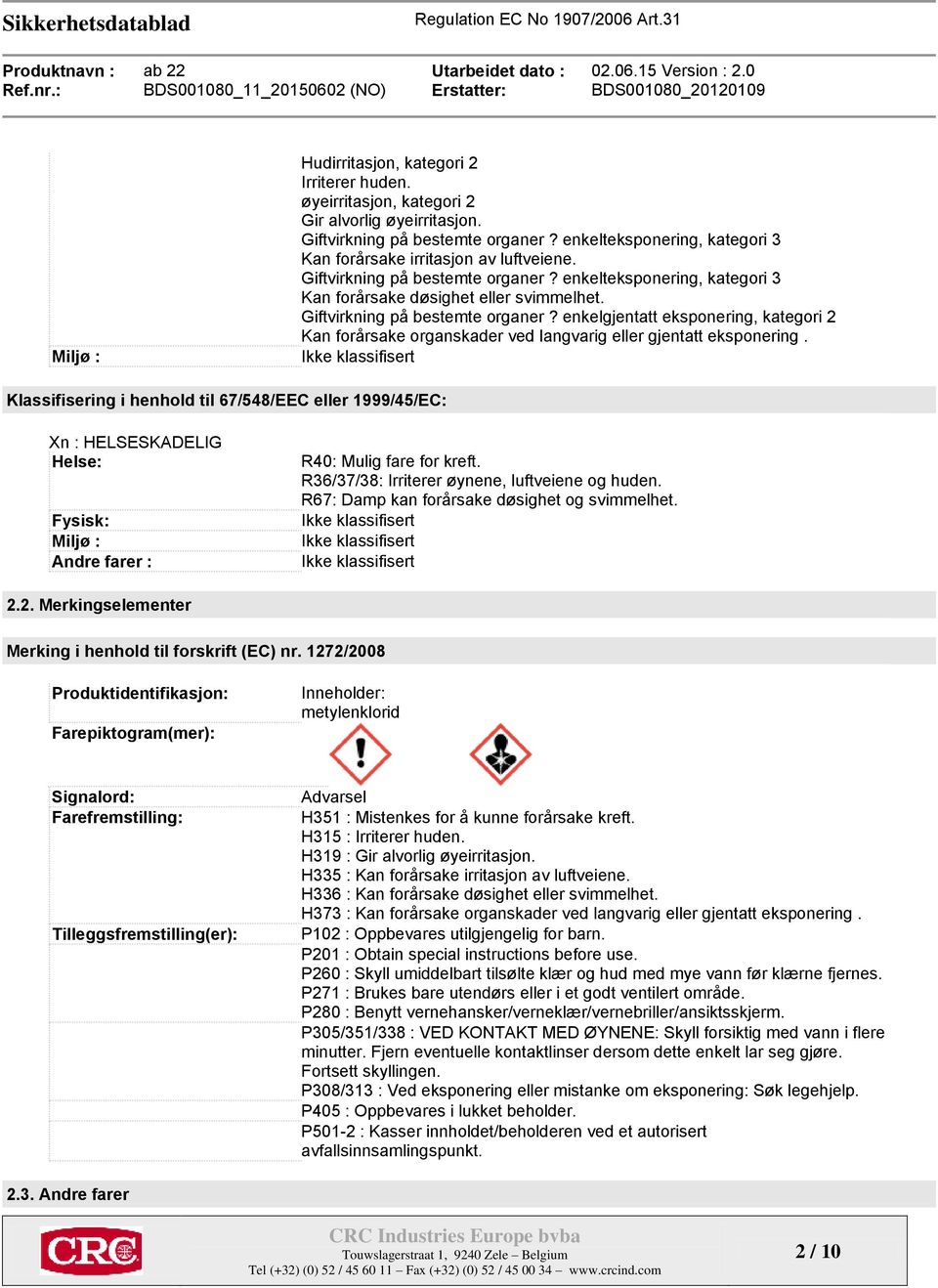 Giftvirkning på bestemte organer? enkelgjentatt eksponering, kategori 2 Kan forårsake organskader ved langvarig eller gjentatt eksponering.