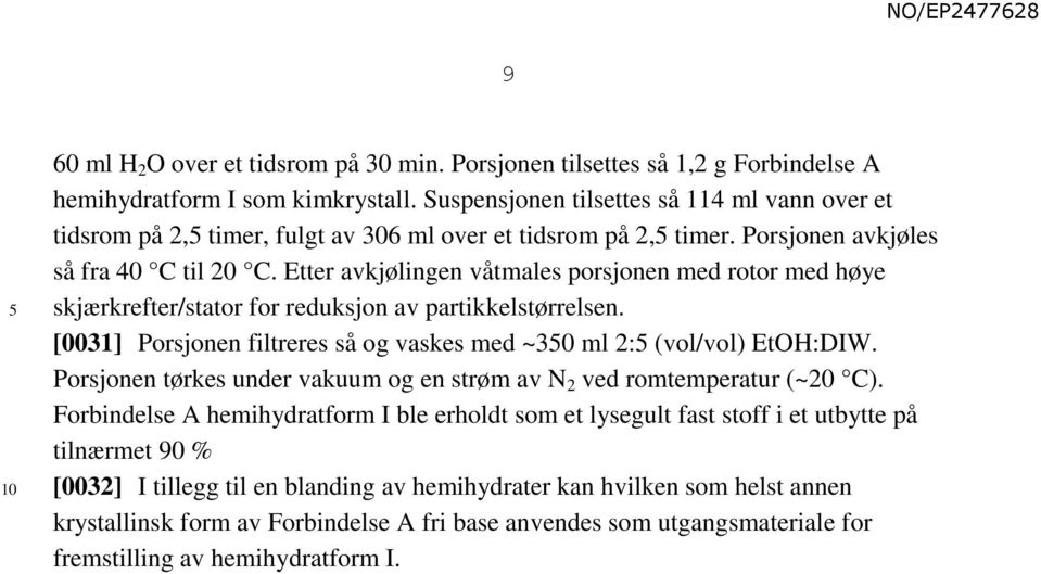 Etter avkjølingen våtmales porsjonen med rotor med høye skjærkrefter/stator for reduksjon av partikkelstørrelsen. [0031] Porsjonen filtreres så og vaskes med ~30 ml 2: (vol/vol) EtOH:DIW.