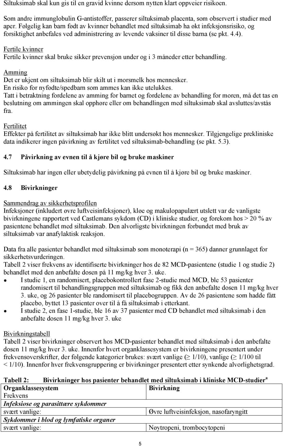 Fertile kvinner Fertile kvinner skal bruke sikker prevensjon under og i 3 måneder etter behandling. Amming Det er ukjent om siltuksimab blir skilt ut i morsmelk hos mennesker.