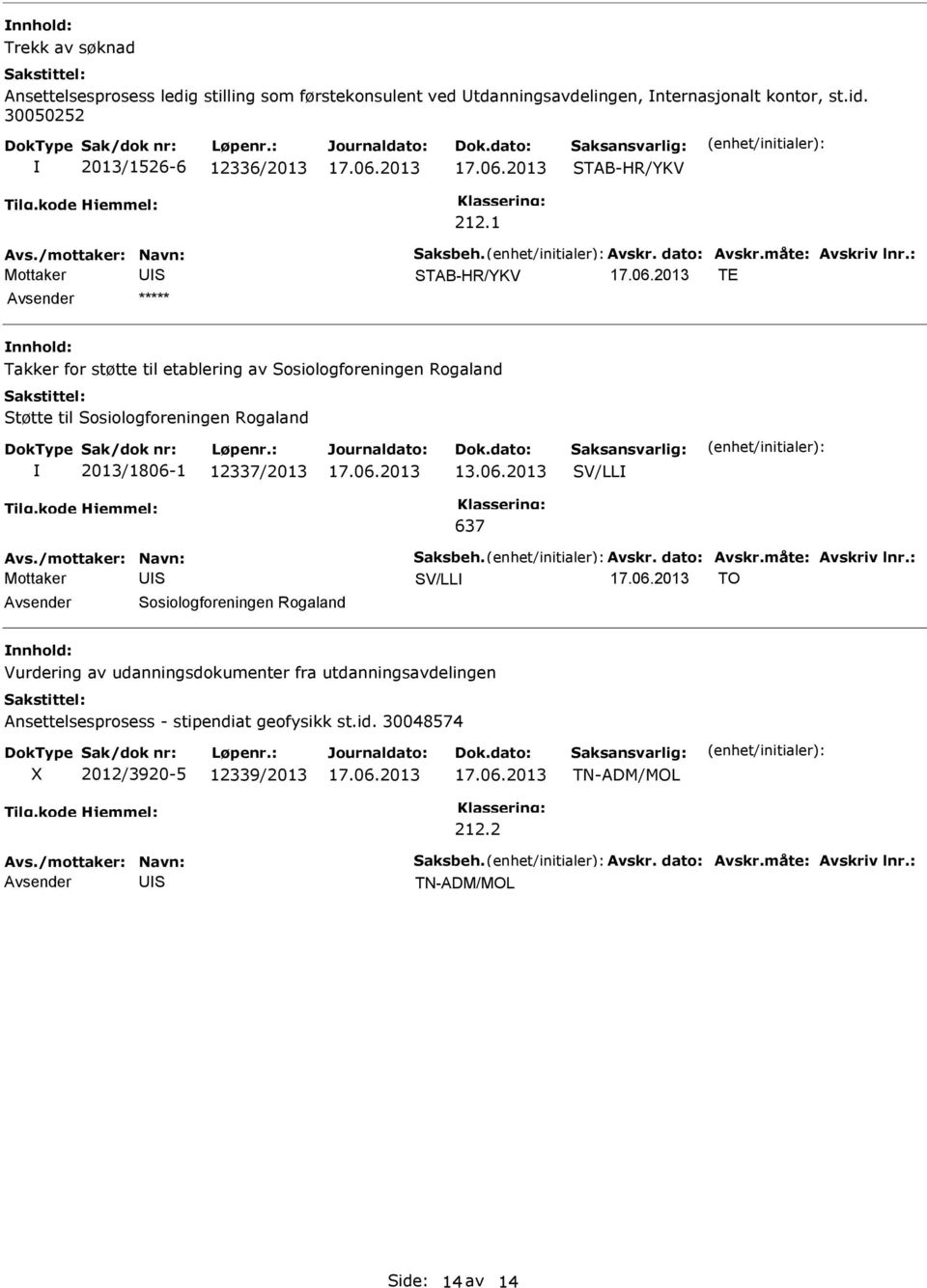 1 TAB-HR/YKV TE nnhold: Takker for støtte til etablering av osiologforeningen Rogaland tøtte til osiologforeningen Rogaland 2013/1806-1