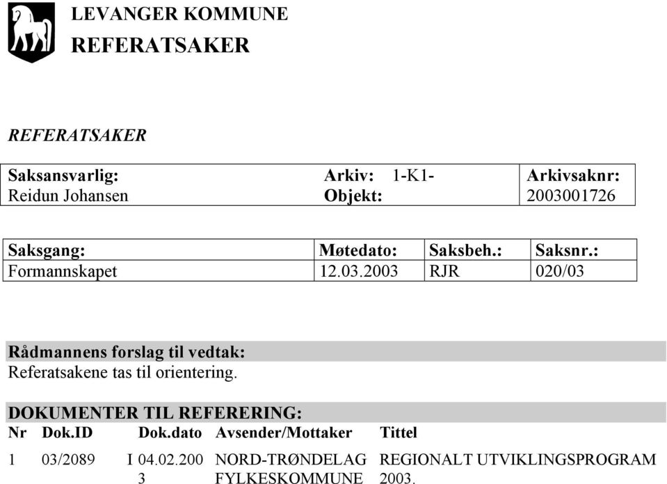 2003 RJR 020/03 Rådmannens forslag til vedtak: Referatsakene tas til orientering.