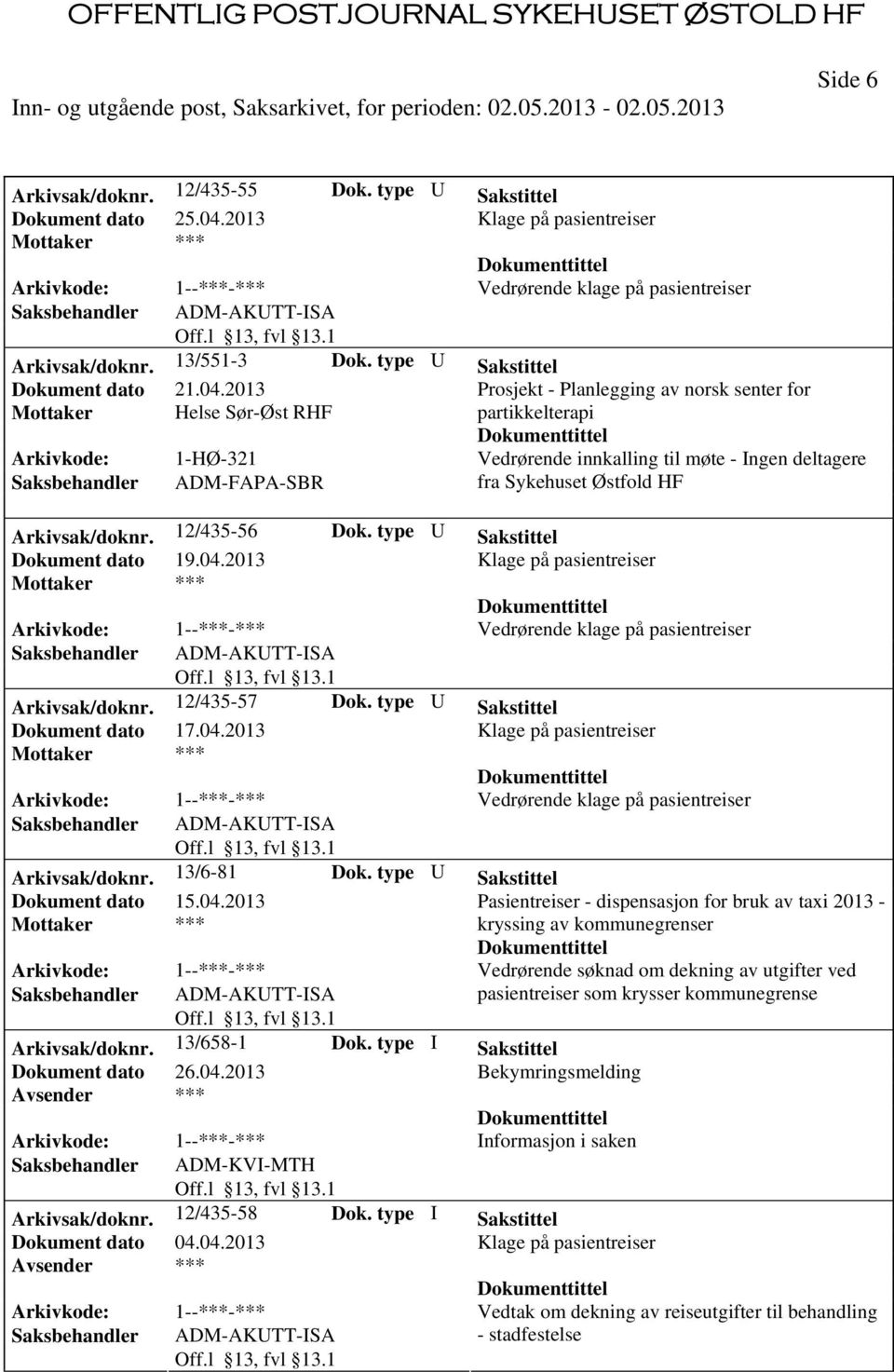 12/435-56 Dok. type U Sakstittel Dokument dato 19.04.2013 Vedrørende klage på pasientreiser Arkivsak/doknr. 12/435-57 Dok. type U Sakstittel Dokument dato 17.04.2013 Vedrørende klage på pasientreiser Arkivsak/doknr. 13/6-81 Dok.