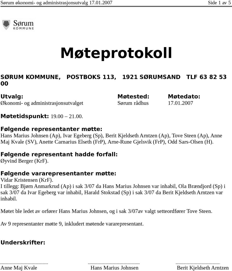 00 21.00. Følgende representanter møtte: Hans Marius Johnsen (Ap), Ivar Egeberg (Sp), Berit Kjeldseth Arntzen (Ap), Tove Steen (Ap), Anne Maj Kvale (SV), Anette Carnarius Elseth (FrP), Arne-Rune