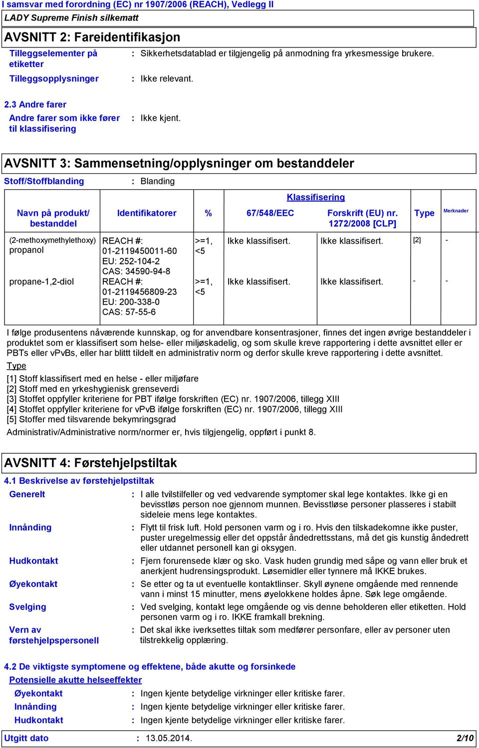 3 Andre farer Andre farer som ikke fører til klassifisering AVSNITT 3 Sammensetning/opplysninger om bestanddeler Stoff/Stoffblanding Navn på produkt/ bestanddel Blanding Identifikatorer