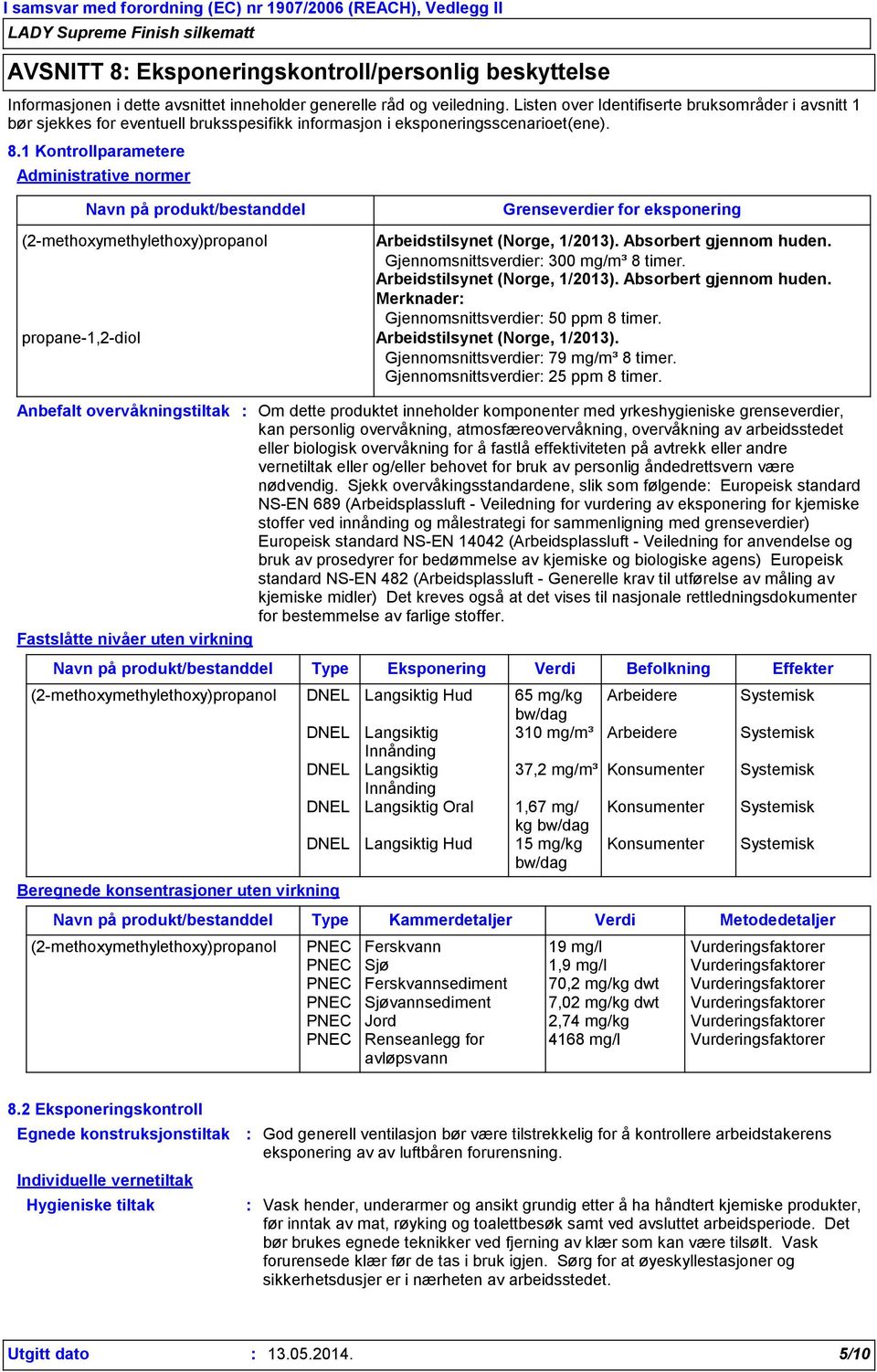 1 Kontrollparametere Administrative normer Navn på produkt/bestanddel Anbefalt overvåkningstiltak Grenseverdier for eksponering (2-methoxymethylethoxy)propanol Arbeidstilsynet (Norge, 1/2013).