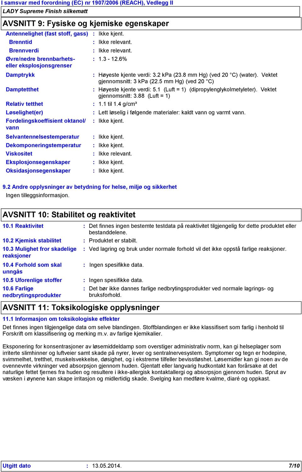 8 mm Hg) (ved 20 C) (water). Vektet gjennomsnitt 3 kpa (22.5 mm Hg) (ved 20 C) Høyeste kjente verdi 5.1 (Luft = 1) (dipropylenglykolmetyleter). Vektet gjennomsnitt 3.88 (Luft = 1) 1.1 til 1.4 g/cm³ 1.