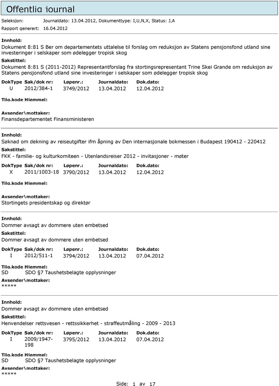 Representantforslag fra stortingsrepresentant Trine Skei Grande om reduksjon av Statens pensjonsfond utland sine investeringer i selskaper som ødelegger tropisk skog 2012/384-1 3749/2012