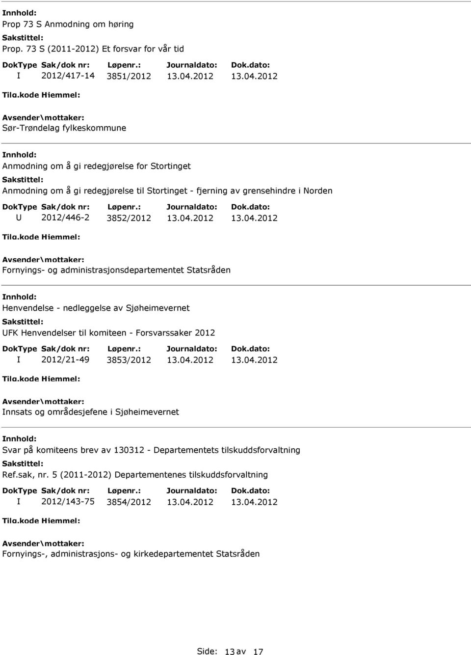 Stortinget - fjerning av grensehindre i Norden 2012/446-2 3852/2012 Fornyings- og administrasjonsdepartementet Statsråden Henvendelse - nedleggelse av Sjøheimevernet FK