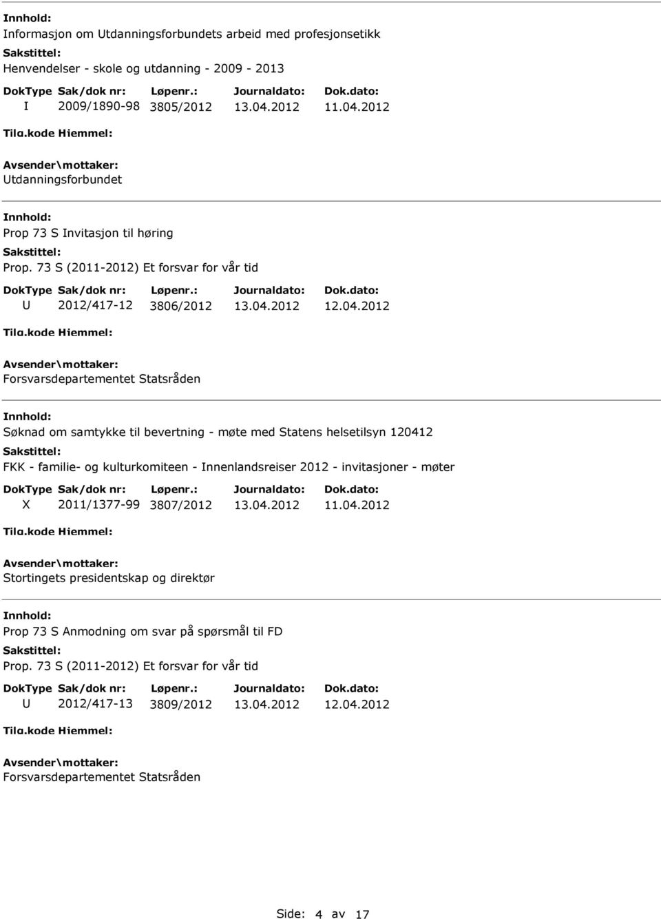 73 S (2011-2012) Et forsvar for vår tid 2012/417-12 3806/2012 Forsvarsdepartementet Statsråden Søknad om samtykke til bevertning - møte med Statens helsetilsyn 120412