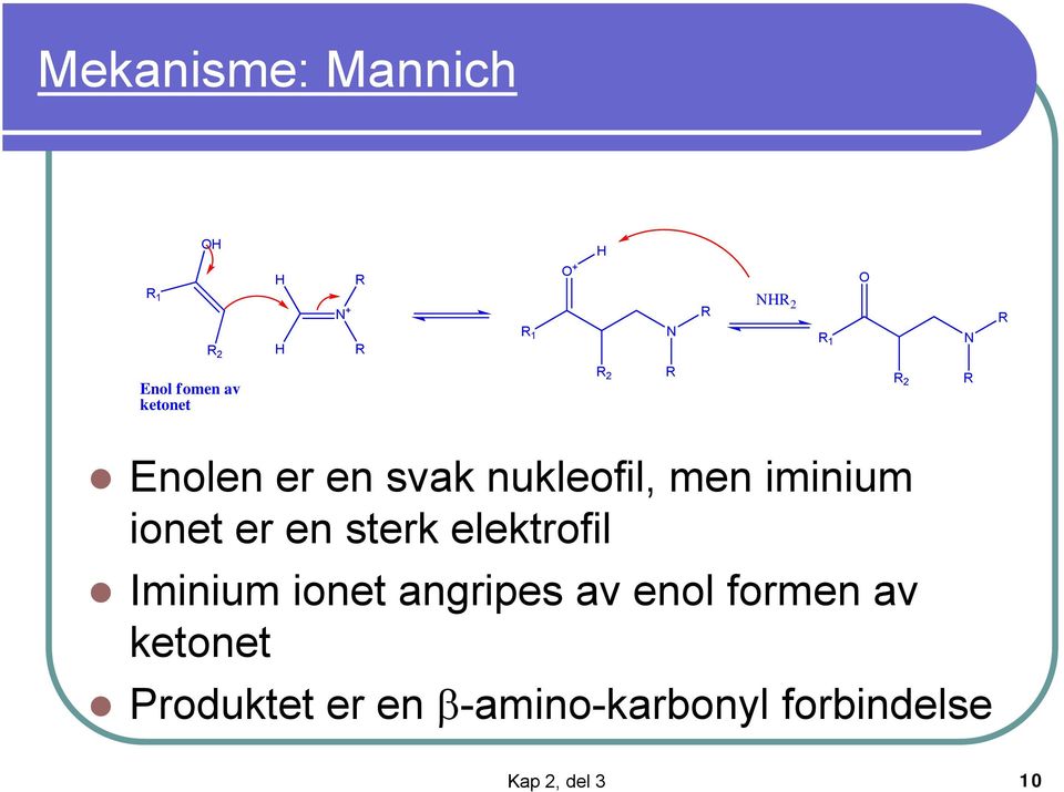 sterk elektrofil Iminium ionet angripes av enol formen av