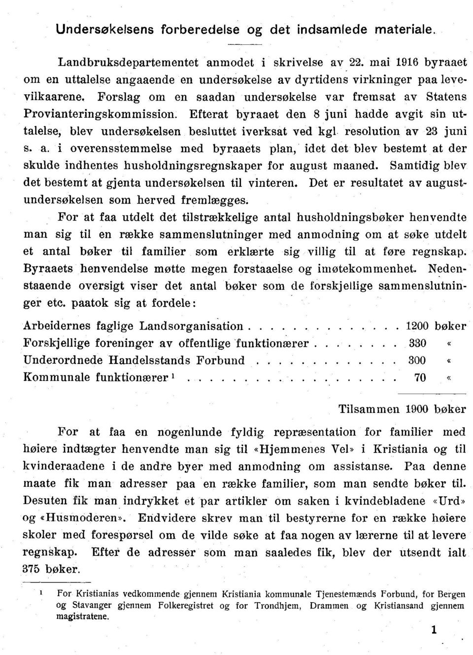 Efterat byraaet den 8 juni hadde avgit sin uttalelse, blev undersøkelsen besluttet iverksat ved kgl resolution av 23 juni s. a. i overensstemmelse med byraaets plan, idet det blev bestemt at der skulde indhentes husholdningsregnskaper for august maaned.