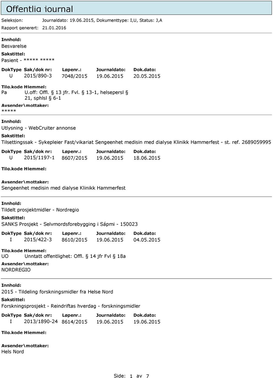 2689059995 2015/1197-1 8607/2015 Sengeenhet medisin med dialyse Klinikk Hammerfest Tildelt prosjektmidler - Nordregio SANKS Prosjekt - Selvmordsforebygging i Sápmi - 150023 2015/422-3