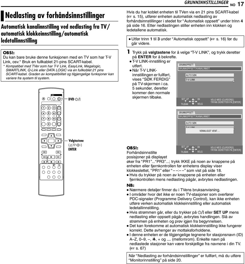 * Kompatibel med TVer som har T-V Link, EasyLink, Megalogic, SMARTLINK, Q-Link eller DATA LOGIC via en fullkoblet 21 pins SCART-kabel.