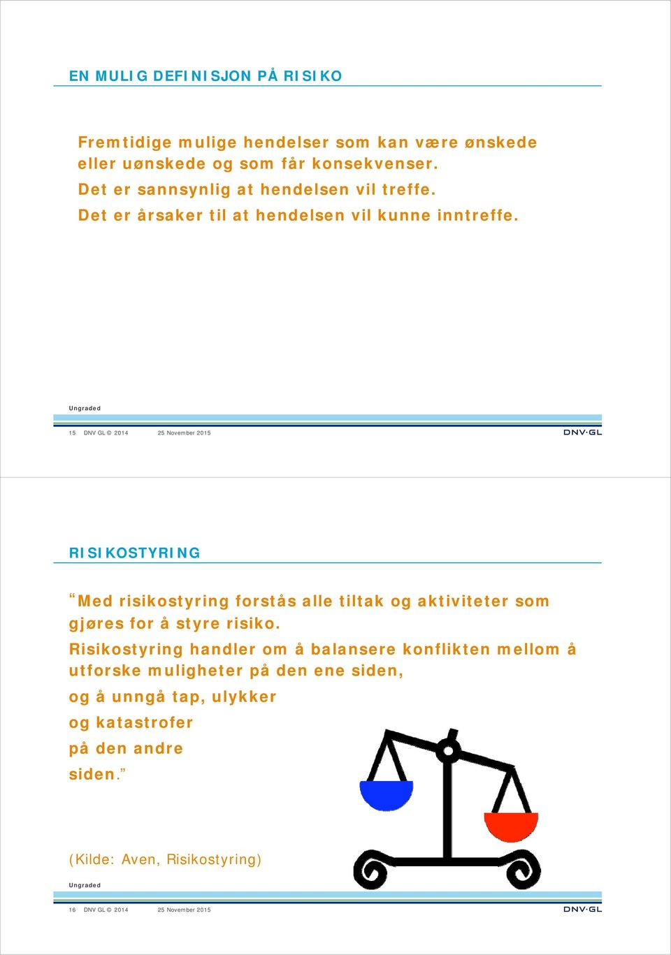 15 RISIKOSTYRING Med risikostyring forstås alle tiltak og aktiviteter som gjøres for å styre risiko.