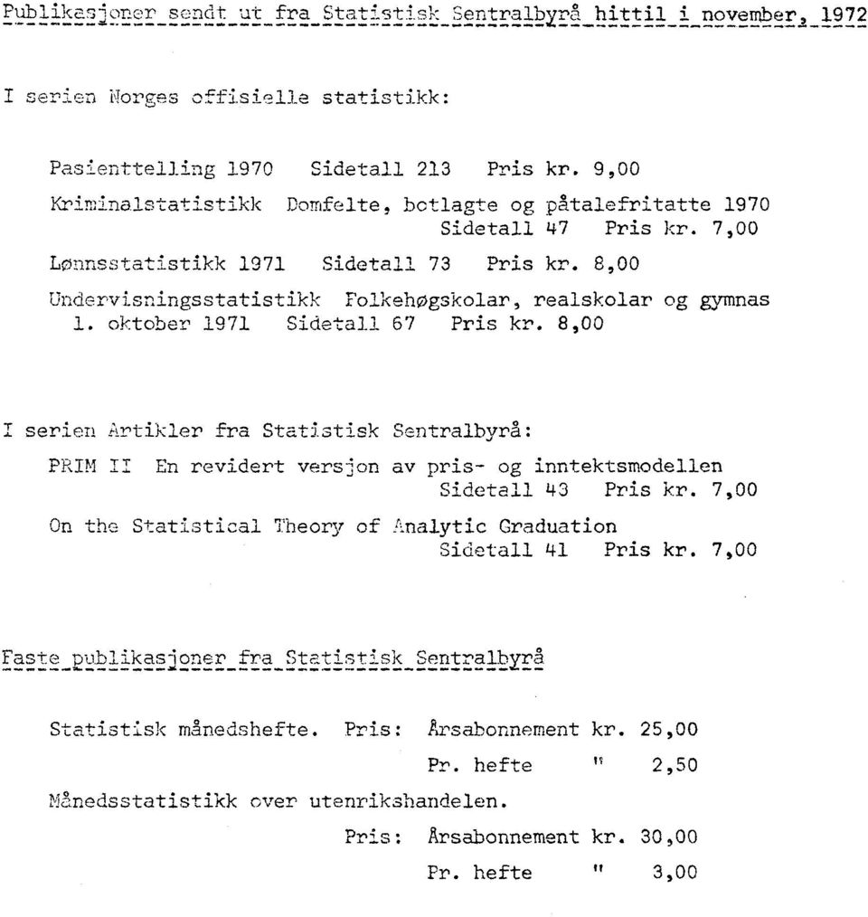 8,00 Undervisningsstatistikk Folkehøgskolar, realskolar og gymnas 1. oktober 1971 Sidetall 67 Pris kr.