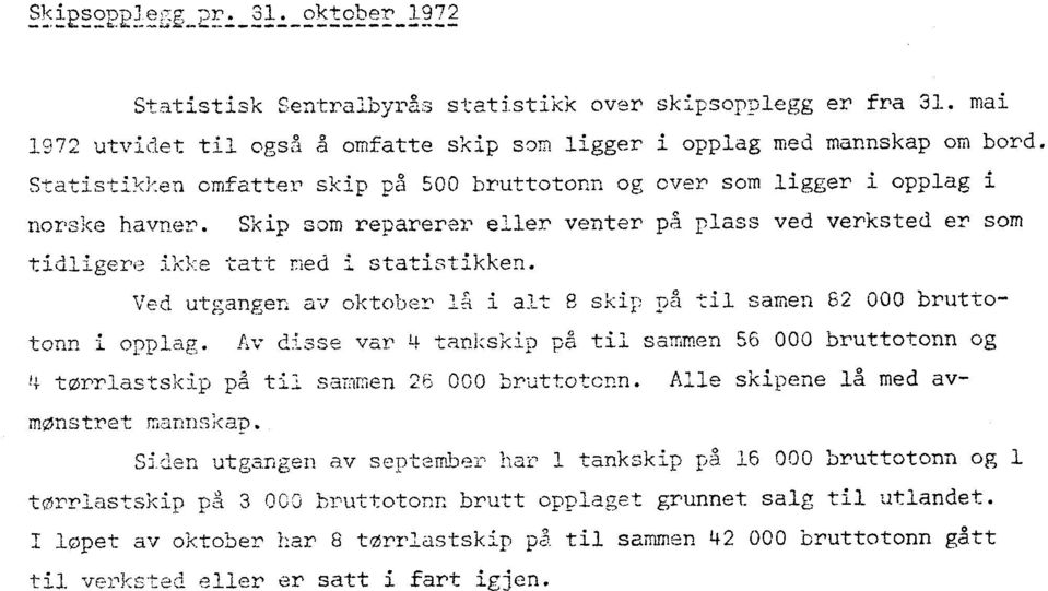 Ved utgangen av oktober leq i alt 8 skip på til samen 82 000 bruttotonn i opplag. Av disse var 4 tankskip på til sammen 56 000 bruttotonn og tørrlastskip på til sammen 26 000 bruttotonn.