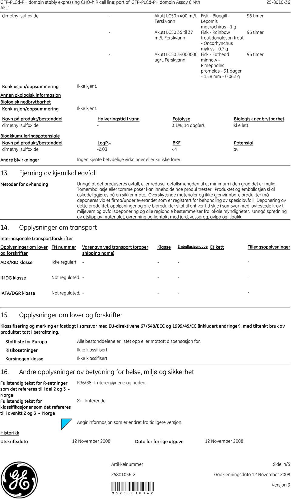 062 g 25801036 Konklusjon/oppsummering Annen økologisk informasjon Biologisk nedbrytbarhet Konklusjon/oppsummering Navn på produkt/bestanddel Halveringstid i vann Fotolyse Biologisk nedbrytbarhet