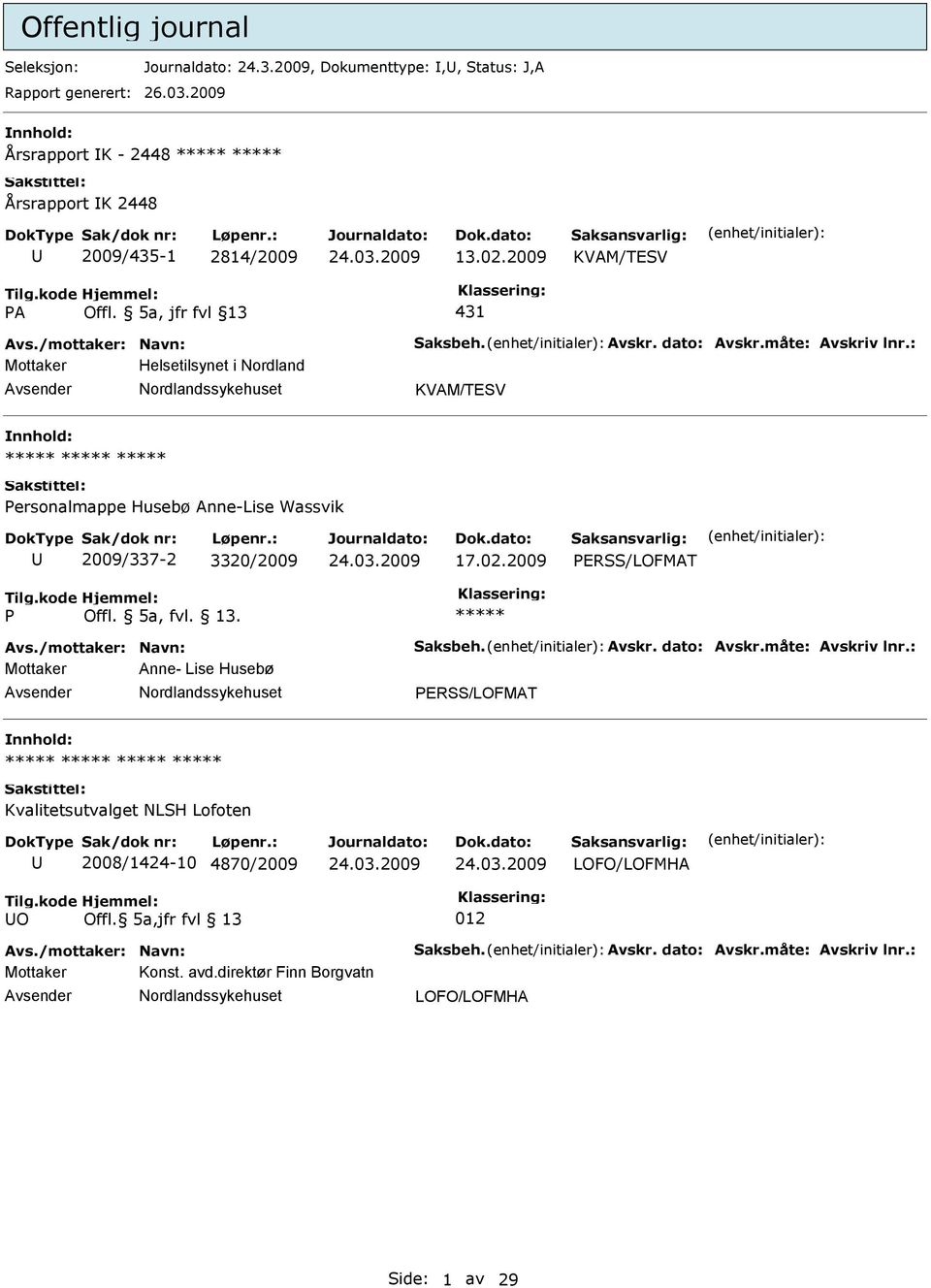 : Mottaker Helsetilsynet i Nordland KVAM/TESV ersonalmappe Husebø Anne-Lise Wassvik 2009/337-2 3320/2009 17.02.2009 ERSS/LOFMAT Avs./mottaker: Navn: Saksbeh. Avskr.