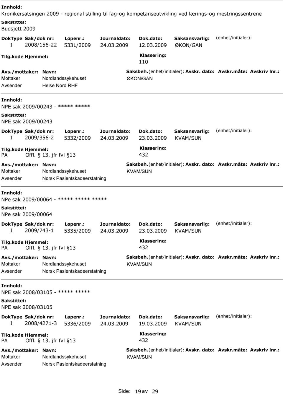 Avskr. dato: Avskr.måte: Avskriv lnr.: Mottaker KVAM/SN Norsk asientskadeerstatning Ne sak 2009/00064 - Ne sak 2009/00064 2009/743-1 5335/2009 KVAM/SN A Offl. 13, jfr fvl 13 432 Avs.