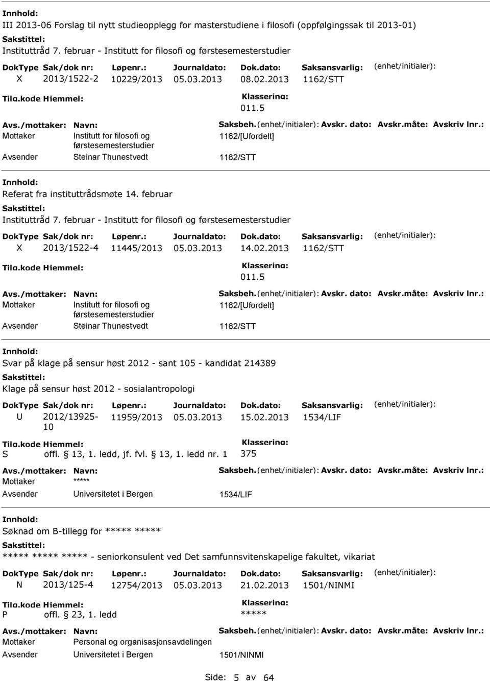 : Mottaker nstitutt for filosofi og 1162/[fordelt] førstesemesterstudier Steinar Thunestvedt 1162/STT Referat fra instituttrådsmøte 14. februar nstituttråd 7.