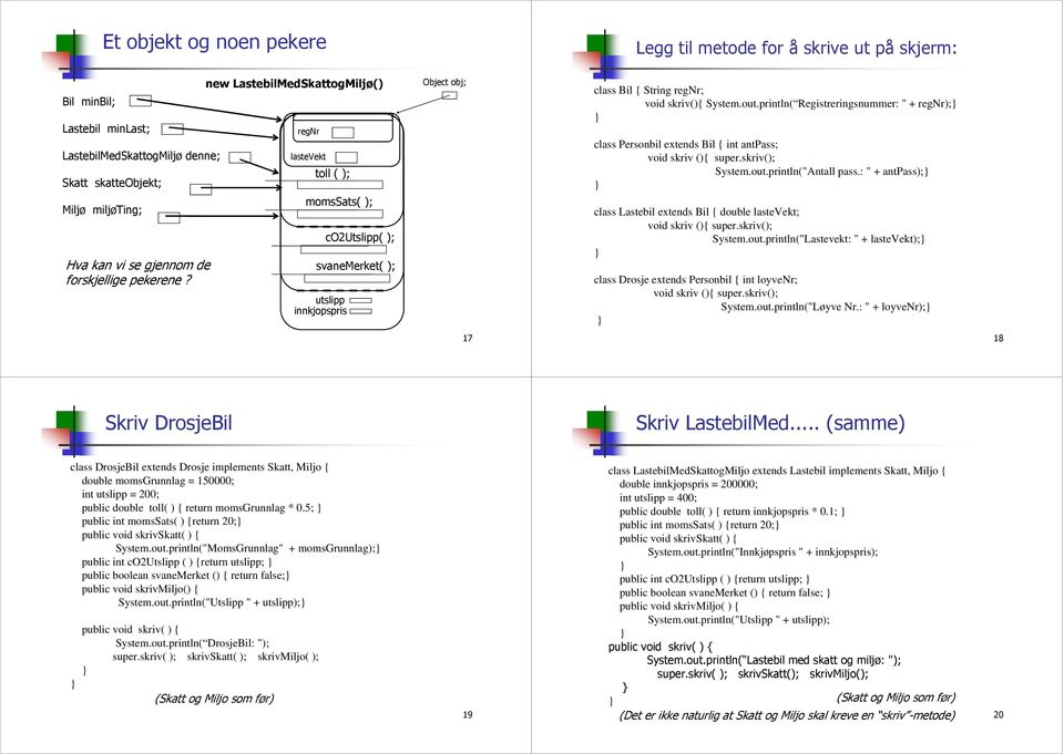 : " atpass); class Lastebil exteds Bil { double lastevekt; void skriv (){ super.skriv(); System.out.pritl("Lastevekt: " lastevekt); class Drosje exteds Persobil { it loyvenr; void skriv (){ super.