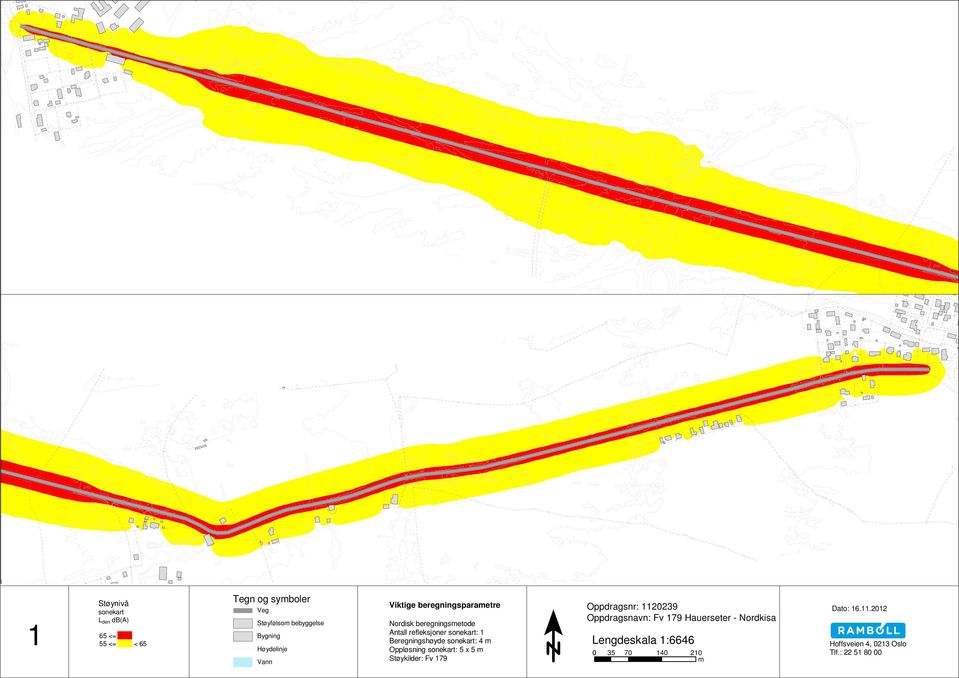 Beregningshøyde sonekart: 4 m Oppløsning sonekart: 5 x 5 m Støykilder: Fv 179 Oppdragsnr: 1120239