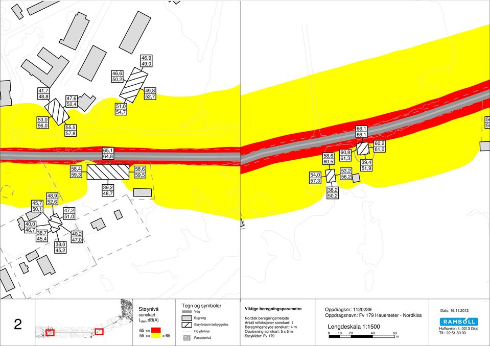 bebyggelse Høydelinje 57,3 49,8 58,3 50,8 Fasadenivå 59,3 51,8 Viktige beregningsparametre Nordisk beregningsmetode Antall refleksjoner sonekart: 1 Beregningshøyde sonekart: 4 m