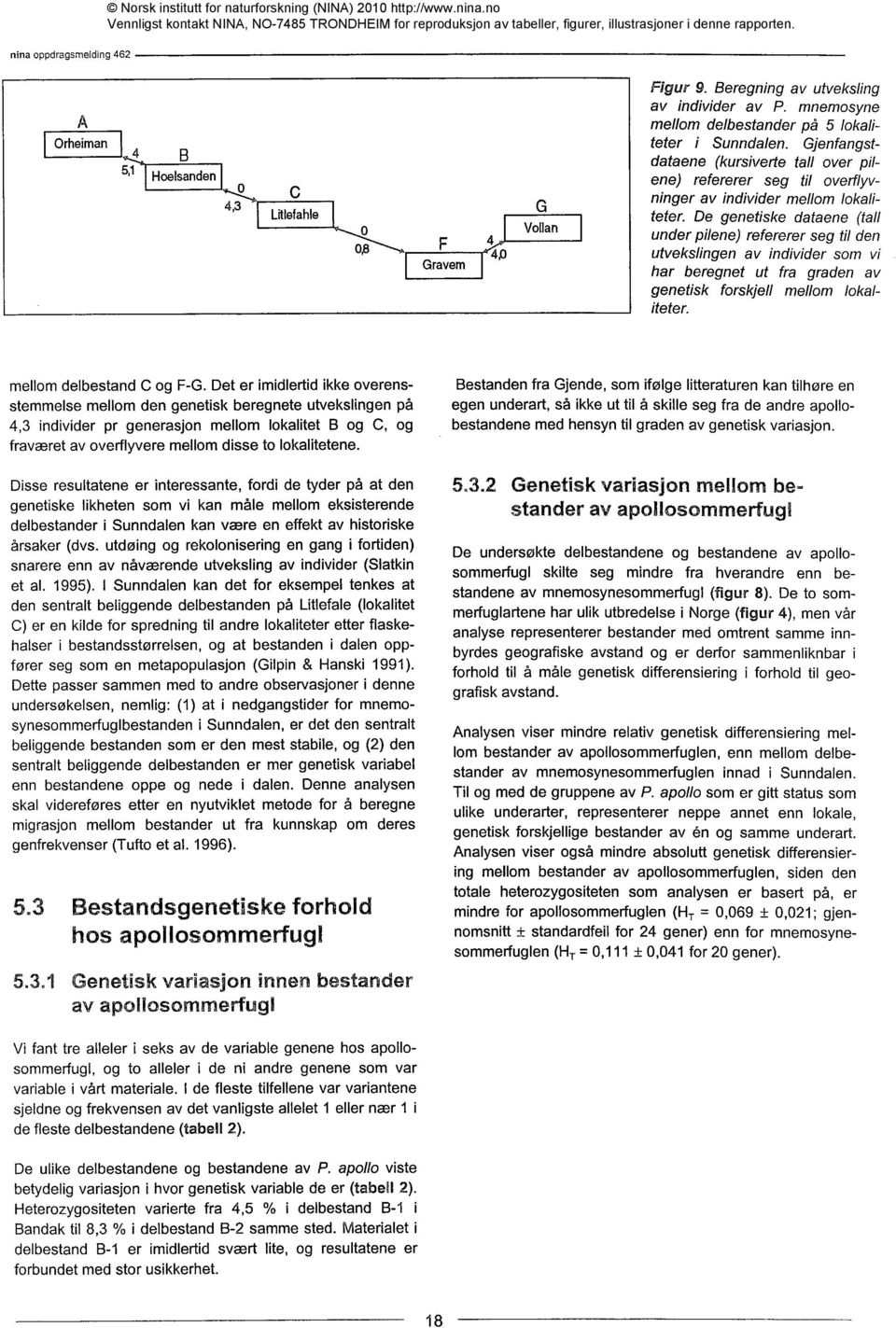 De genetiske dataene (tall under pilene) refererer seg til den utvekslingen av individer som vi har beregnet ut fra graden av genetisk forskjell mellom lokaliteter. mellom delbestand C og F-G.