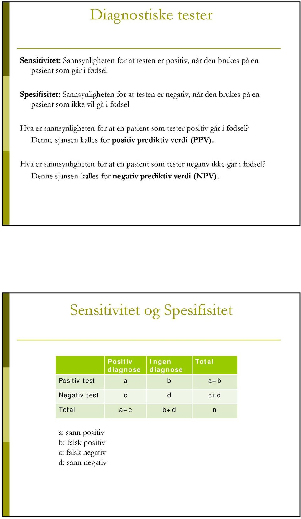 Denne sjansen kalles for positiv prediktiv verdi (PPV). Hva er sannsynligheten for at en pasient som tester negativ ikke går i fødsel?