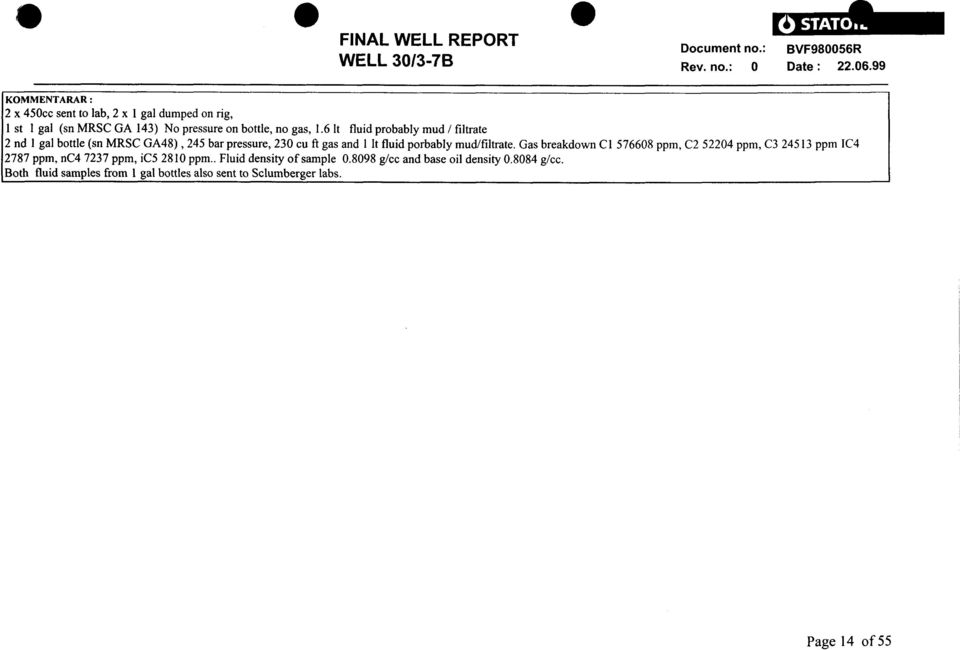 6 It fluid probably mud / filtrate 2 nd 1 gal bottle (sn MRSC GA48), 245 bar pressure, 230 cu ft gas and 1 It fluid porbably