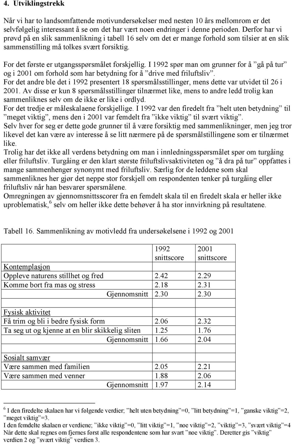 I 1992 spør man om grunner for å gå på tur og i 2001 om forhold som har betydning for å drive med friluftsliv.