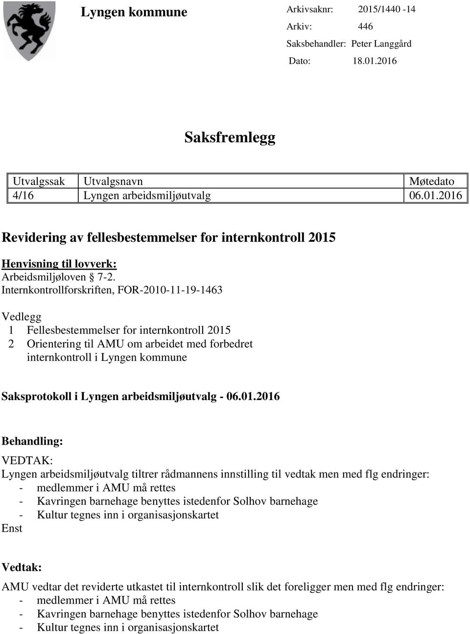 arbeidsmiljøutvalg tiltrer rådmannens innstilling til vedtak men med flg endringer: - medlemmer i AMU må rettes - Kavringen barnehage benyttes istedenfor Solhov barnehage - Kultur tegnes inn i