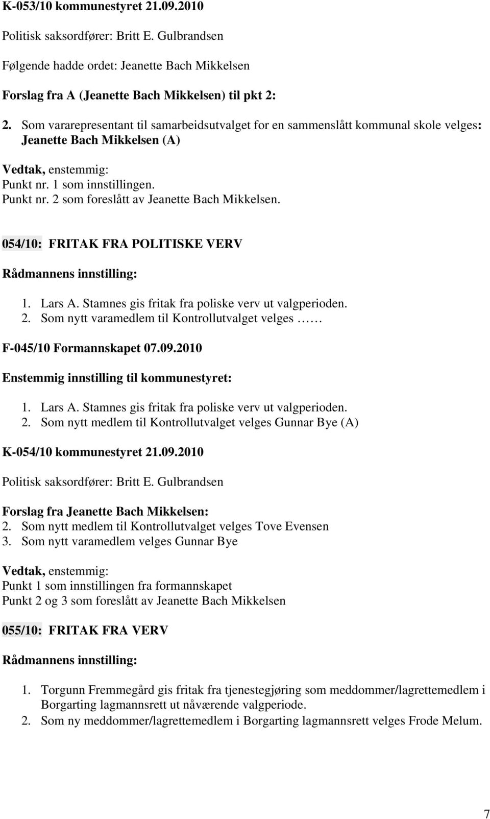 054/10: FRITAK FRA POLITISKE VERV 1. Lars A. Stamnes gis fritak fra poliske verv ut valgperioden. 2. Som nytt varamedlem til Kontrollutvalget velges F-045/10 Formannskapet 07.09.